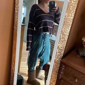 Free people eggplant striped oversize distressed insideout boho cropped sweater
